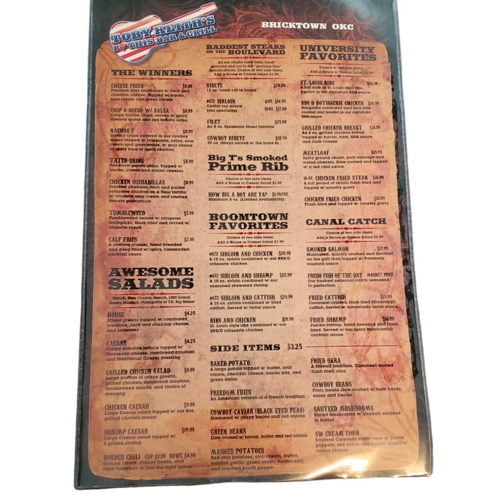 Vintage Toby Keith I Love this Bar & Grill Menu from Bricktown, OKC from 2006